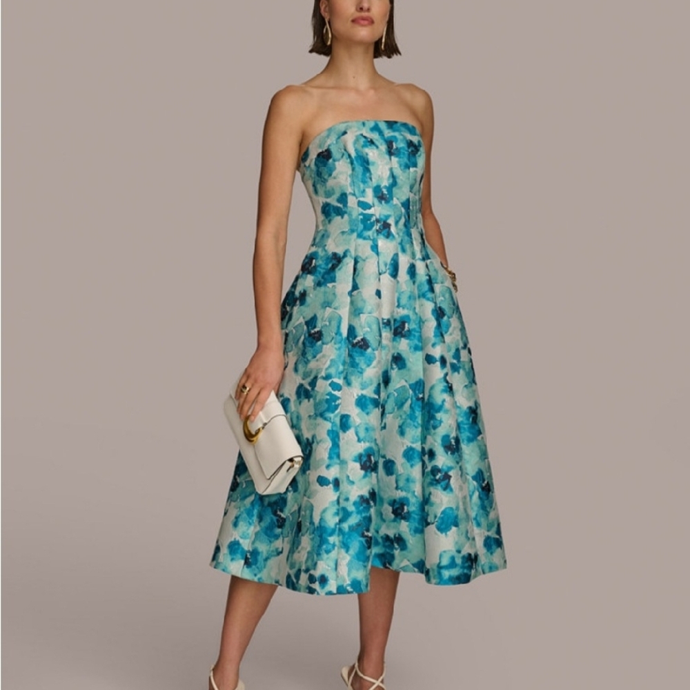 Donna Karan Blue A-line Strapless Cocktail Dress